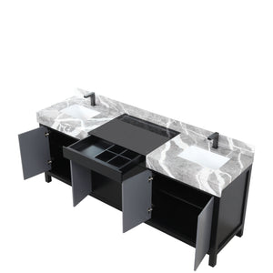 Zilara 84" Black and Grey Double Vanity, Castle Grey Marble Tops, White Square Sinks, and Balzani Gun Metal Faucet Set - LZ342284DLISFBG