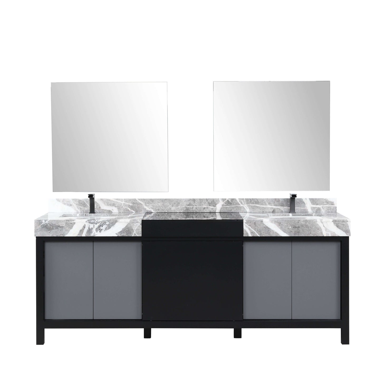 Zilara 84" Black and Grey Double Vanity, Castle Grey Marble Tops, White Square Sinks, Balzani Gun Metal Faucet Set, and 34" Frameless Mirrors - LZ342284DLISM34FBG