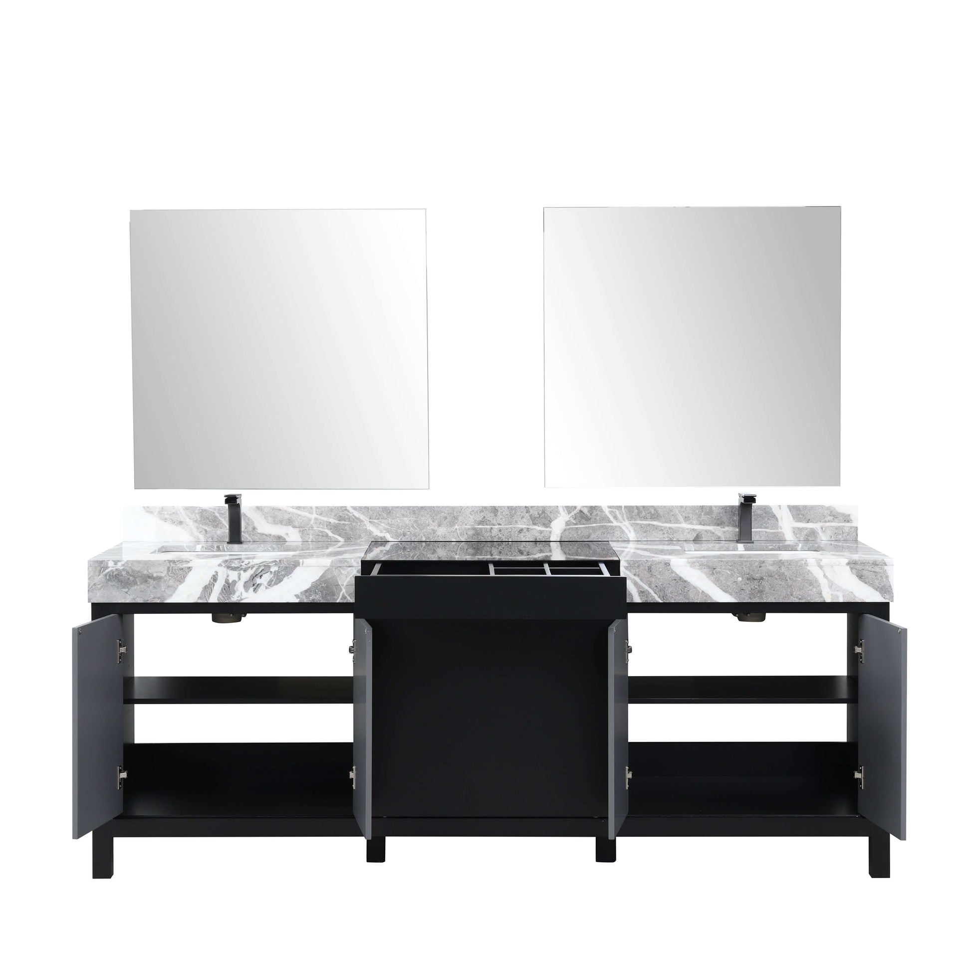 Zilara 84" Black and Grey Double Vanity, Castle Grey Marble Tops, White Square Sinks, Balzani Gun Metal Faucet Set, and 34" Frameless Mirrors - LZ342284DLISM34FBG