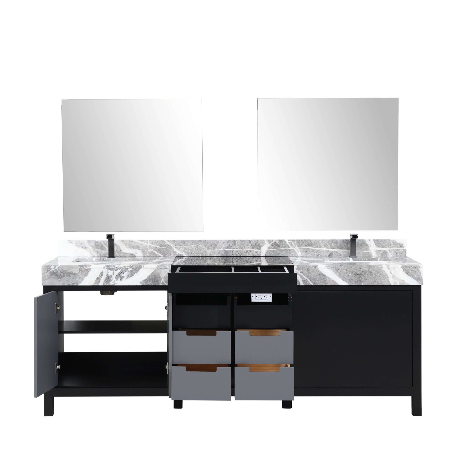 Zilara 84" Black and Grey Double Vanity, Castle Grey Marble Tops, White Square Sinks, Balzani Gun Metal Faucet Set, and 34" Frameless Mirrors - LZ342284DLISM34FBG