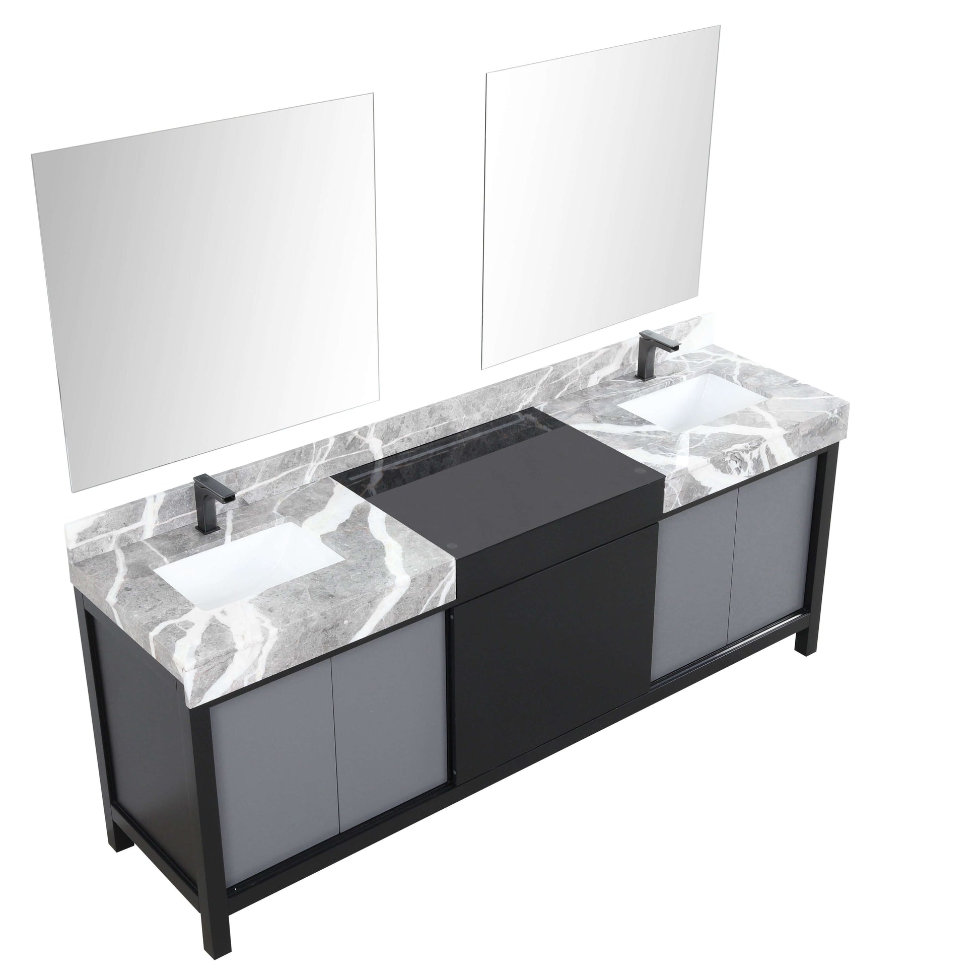 Zilara 84" Black and Grey Double Vanity, Castle Grey Marble Tops, White Square Sinks, Balzani Gun Metal Faucet Set, and 34" Frameless Mirrors - LZ342284DLISM34FBG