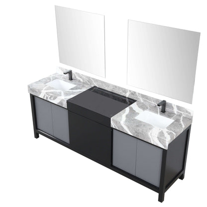 Zilara 84" Black and Grey Double Vanity, Castle Grey Marble Tops, White Square Sinks, Balzani Gun Metal Faucet Set, and 34" Frameless Mirrors - LZ342284DLISM34FBG