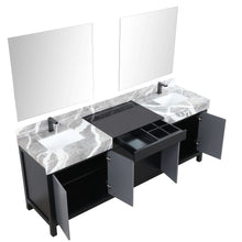 Load image into Gallery viewer, Zilara 84&quot; Black and Grey Double Vanity, Castle Grey Marble Tops, White Square Sinks, Balzani Gun Metal Faucet Set, and 34&quot; Frameless Mirrors - LZ342284DLISM34FBG
