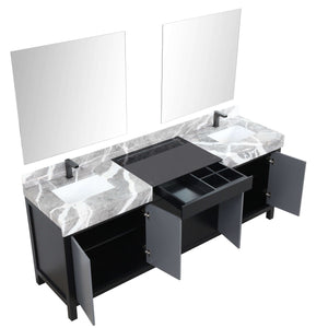 Zilara 84" Black and Grey Double Vanity, Castle Grey Marble Tops, White Square Sinks, Balzani Gun Metal Faucet Set, and 34" Frameless Mirrors - LZ342284DLISM34FBG