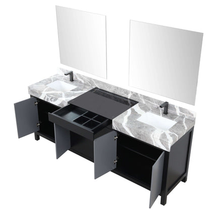 Zilara 84" Black and Grey Double Vanity, Castle Grey Marble Tops, White Square Sinks, Balzani Gun Metal Faucet Set, and 34" Frameless Mirrors - LZ342284DLISM34FBG