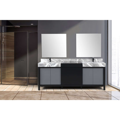 Zilara 84" Black and Grey Double Vanity, Castle Grey Marble Tops, White Square Sinks, Balzani Gun Metal Faucet Set, and 34" Frameless Mirrors - LZ342284DLISM34FBG