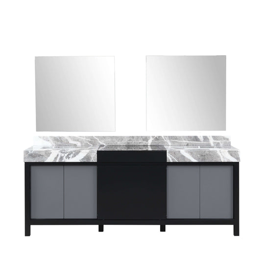 Zilara 84" Black and Grey Double Vanity, Castle Grey Marble Tops, White Square Sinks, and 34" Frameless Mirrors - LZ342284DLISM34