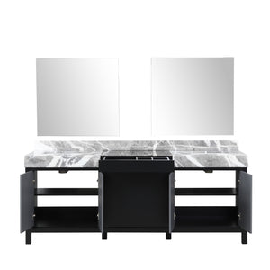 Zilara 84" Black and Grey Double Vanity, Castle Grey Marble Tops, White Square Sinks, and 34" Frameless Mirrors - LZ342284DLISM34