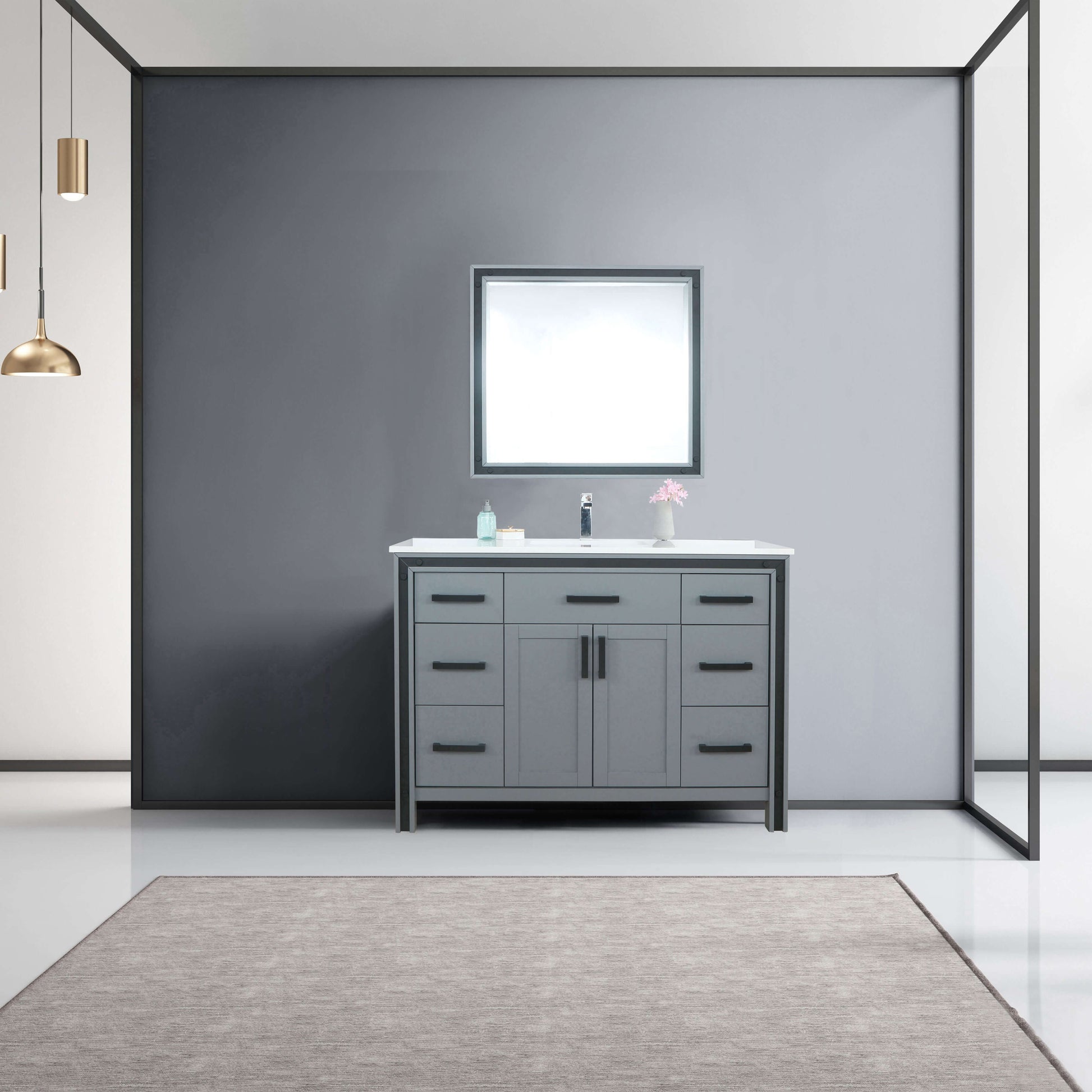 48" Dark Grey Single Vanity Ensemble with Cultured Marble Top with White Ceramic Square Undermount Sink and 34 inch Mirror - LZV352248SBJSM34F