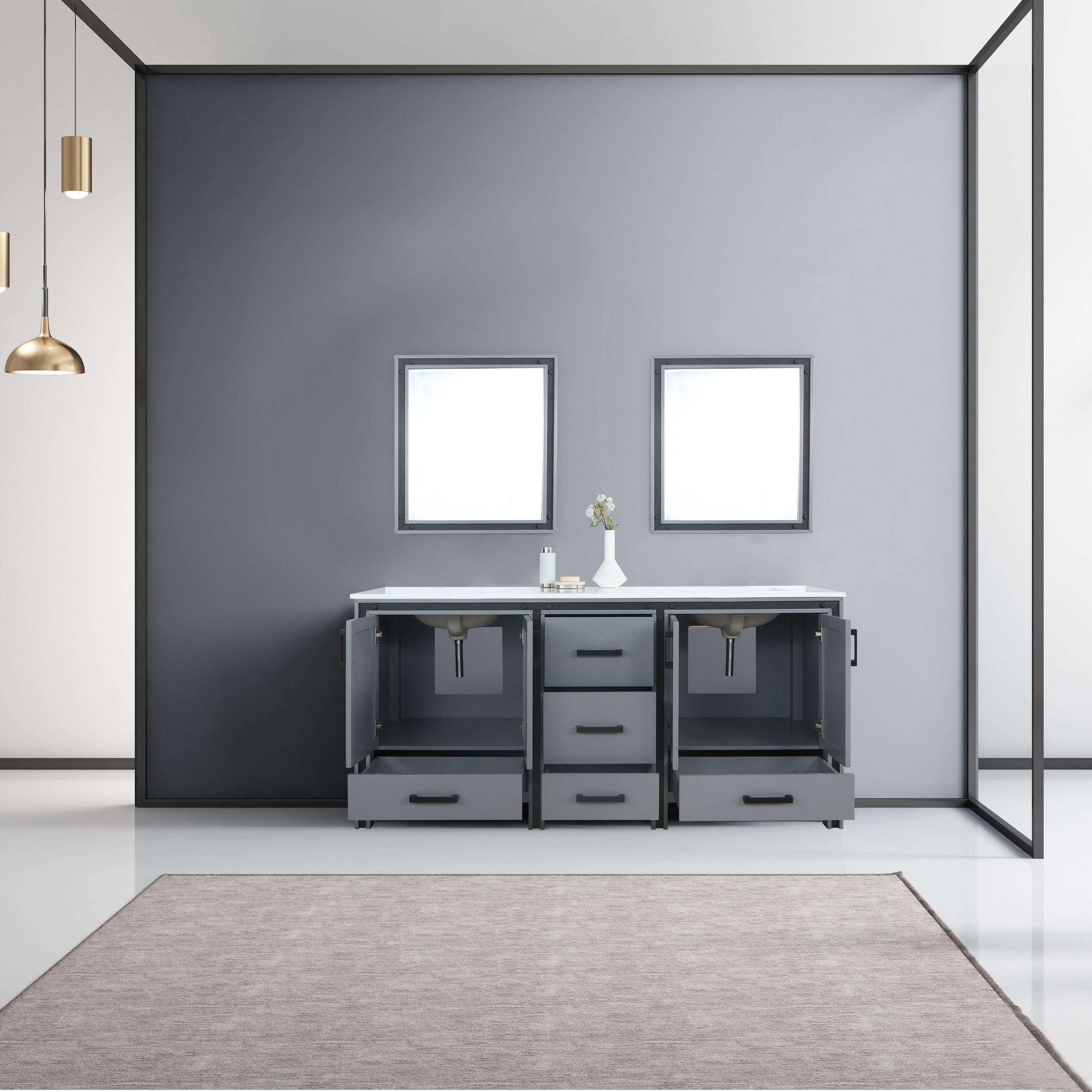 Ziva 72" Dark Grey Double Vanity, Cultured Marble Top, White Square Sink and 30" Mirrors - LZV352272SBJSM30