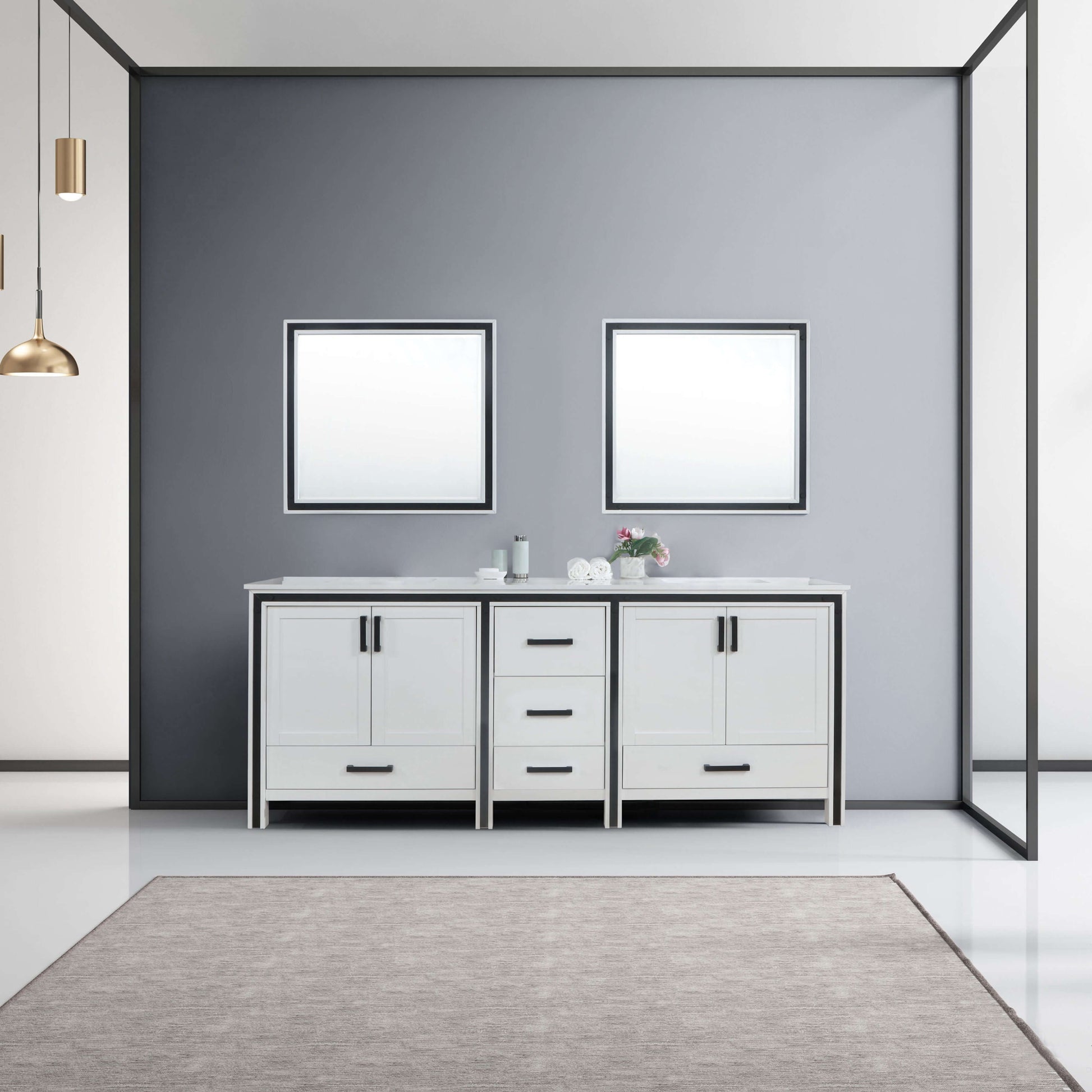 Ziva 84" White Double Vanity, Cultured Marble Top, White Square Sink and 34" Mirrors - LZV352284SAJSM34