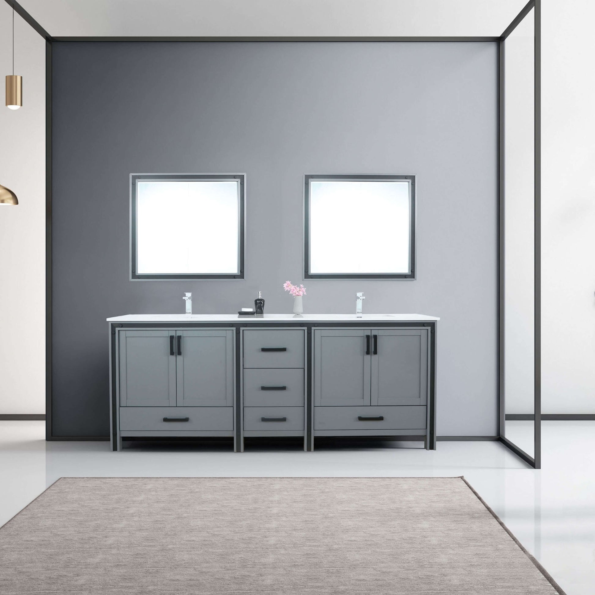 Ziva 84" Dark Grey Double Vanity, Cultured Marble Top, White Square Sink and 34" Mirrors - LZV352284SBJSM34