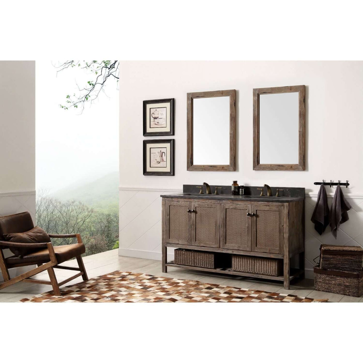 60" Solid Wood Double Sink Vanity With Moon Stone Top-No Faucet - WH5160-BR