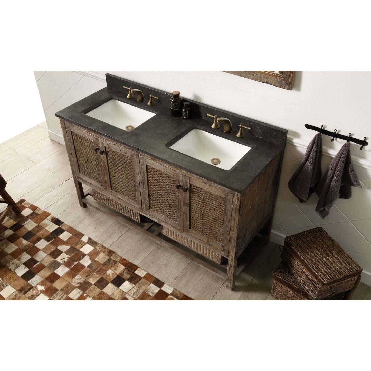 60" Solid Wood Double Sink Vanity With Moon Stone Top-No Faucet - WH5160-BR