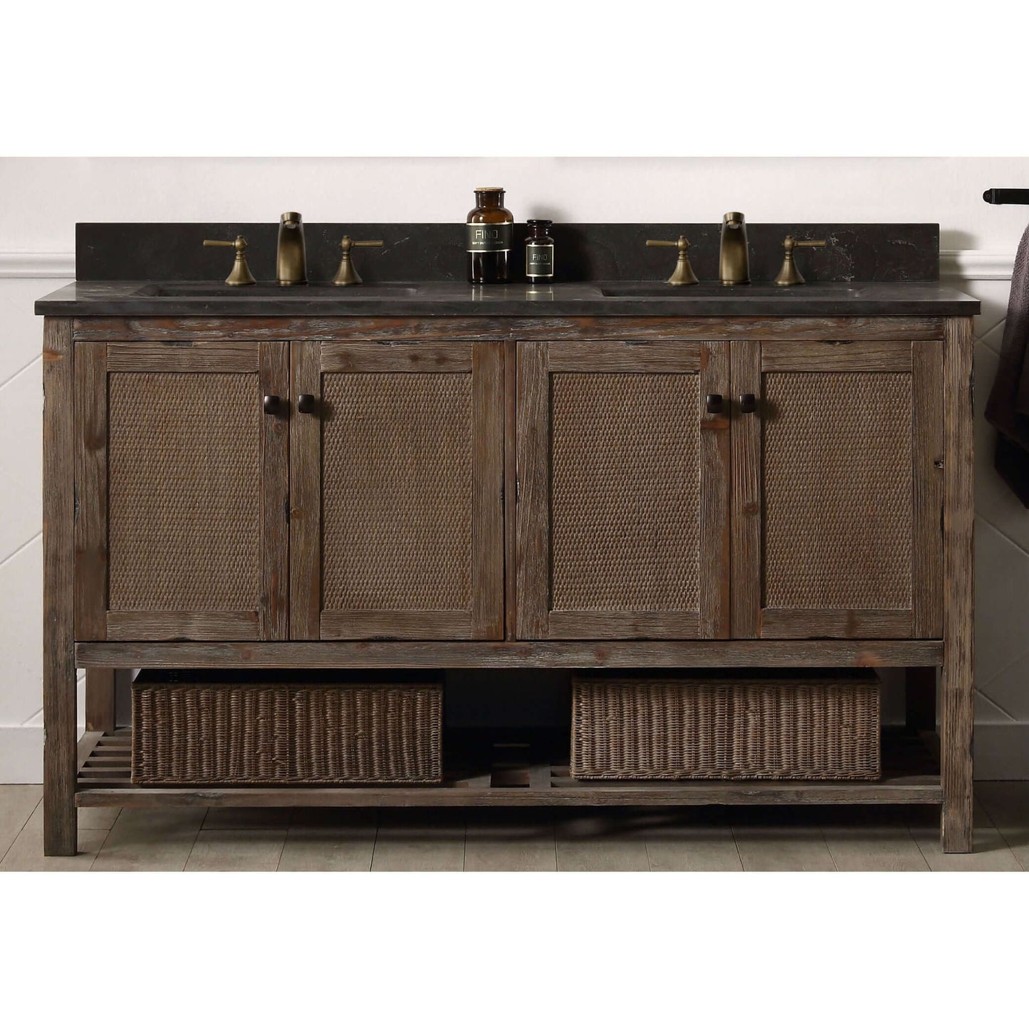 60" Solid Wood Double Sink Vanity With Moon Stone Top-No Faucet - WH5160-BR