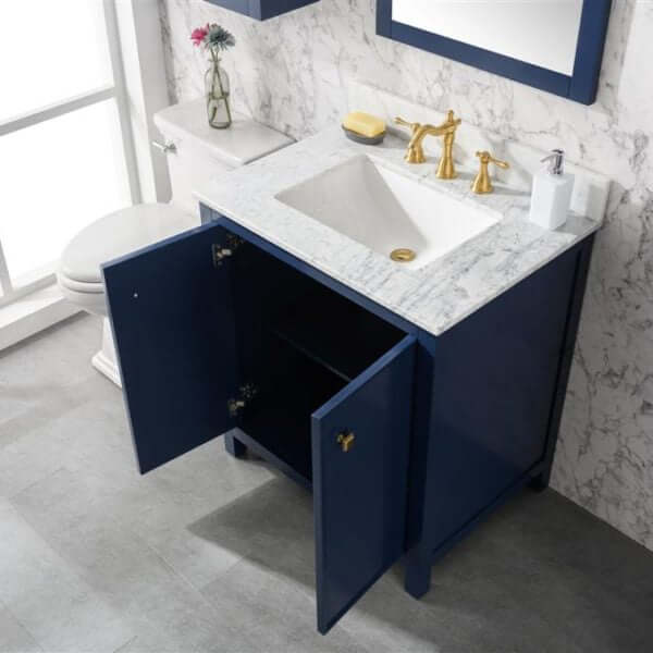 30" Blue Finish Sink Vanity Cabinet With Carrara White Top - WLF2130-B