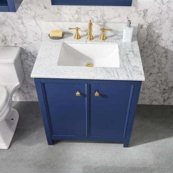 30" Blue Finish Sink Vanity Cabinet With Carrara White Top - WLF2130-B