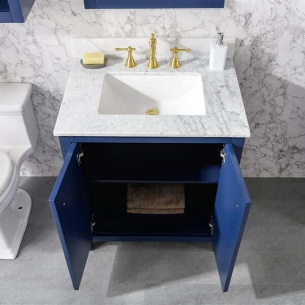 30" Blue Finish Sink Vanity Cabinet With Carrara White Top - WLF2130-B