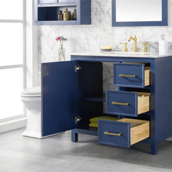 36" Blue Finish Sink Vanity Cabinet With Carrara White Top - WLF2136-B