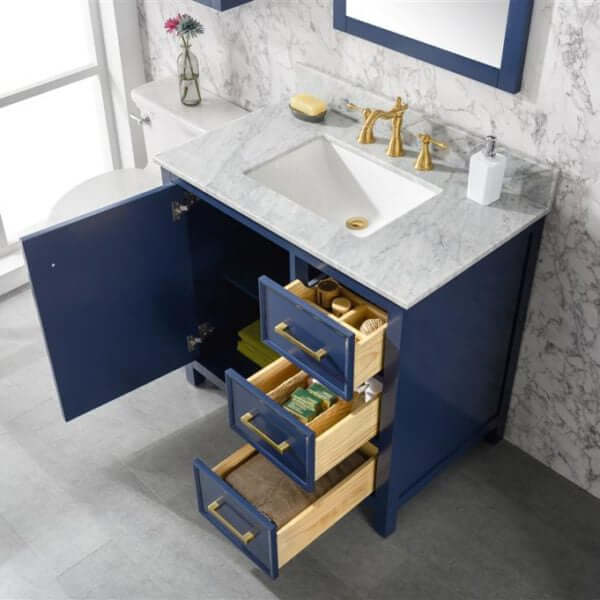 36" Blue Finish Sink Vanity Cabinet With Carrara White Top - WLF2136-B