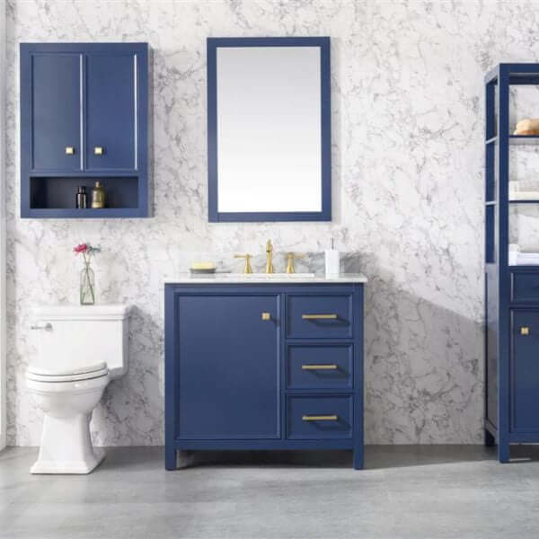 36" Blue Finish Sink Vanity Cabinet With Carrara White Top - WLF2136-B