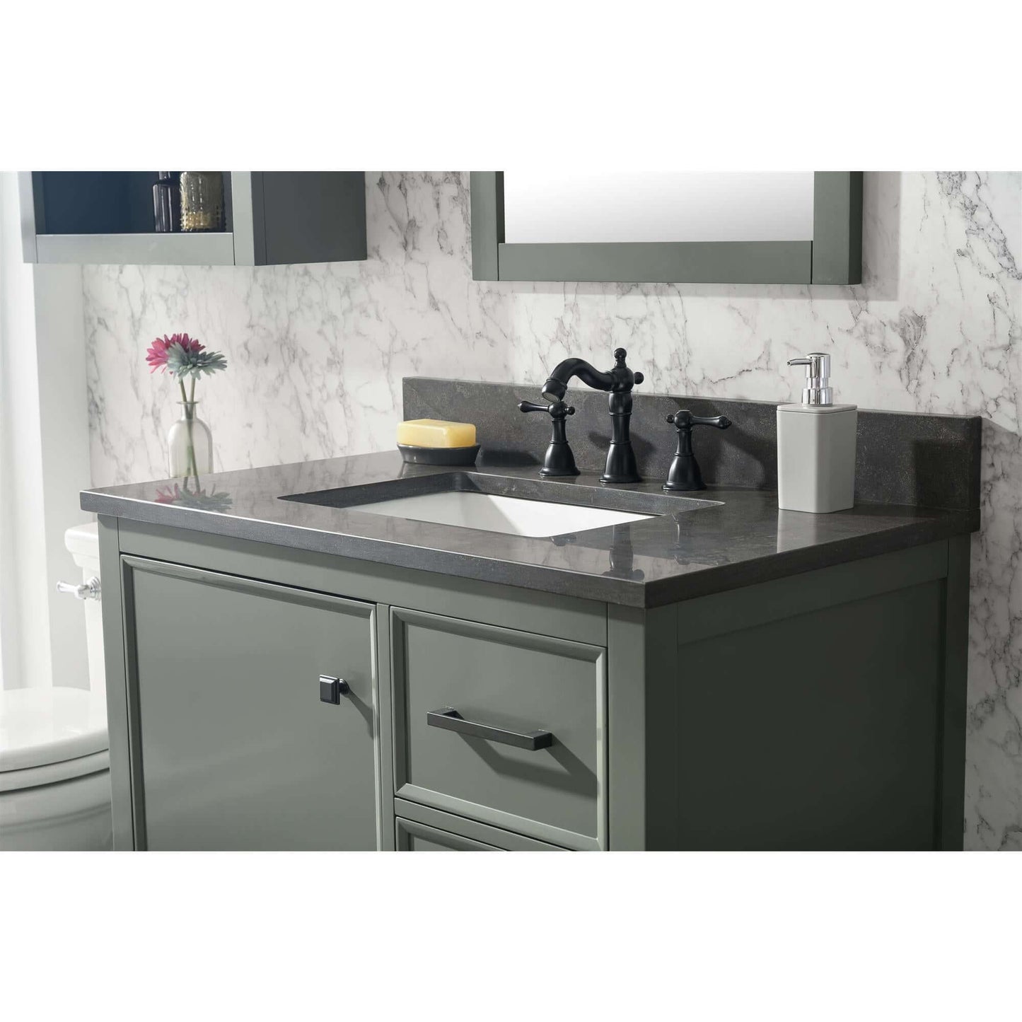 36" Pewter Green Finish Sink Vanity Cabinet With Blue Lime Stone Top - WLF2136-PG