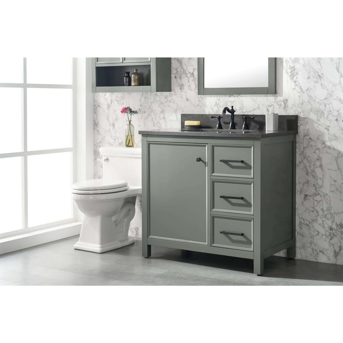 36" Pewter Green Finish Sink Vanity Cabinet With Blue Lime Stone Top - WLF2136-PG