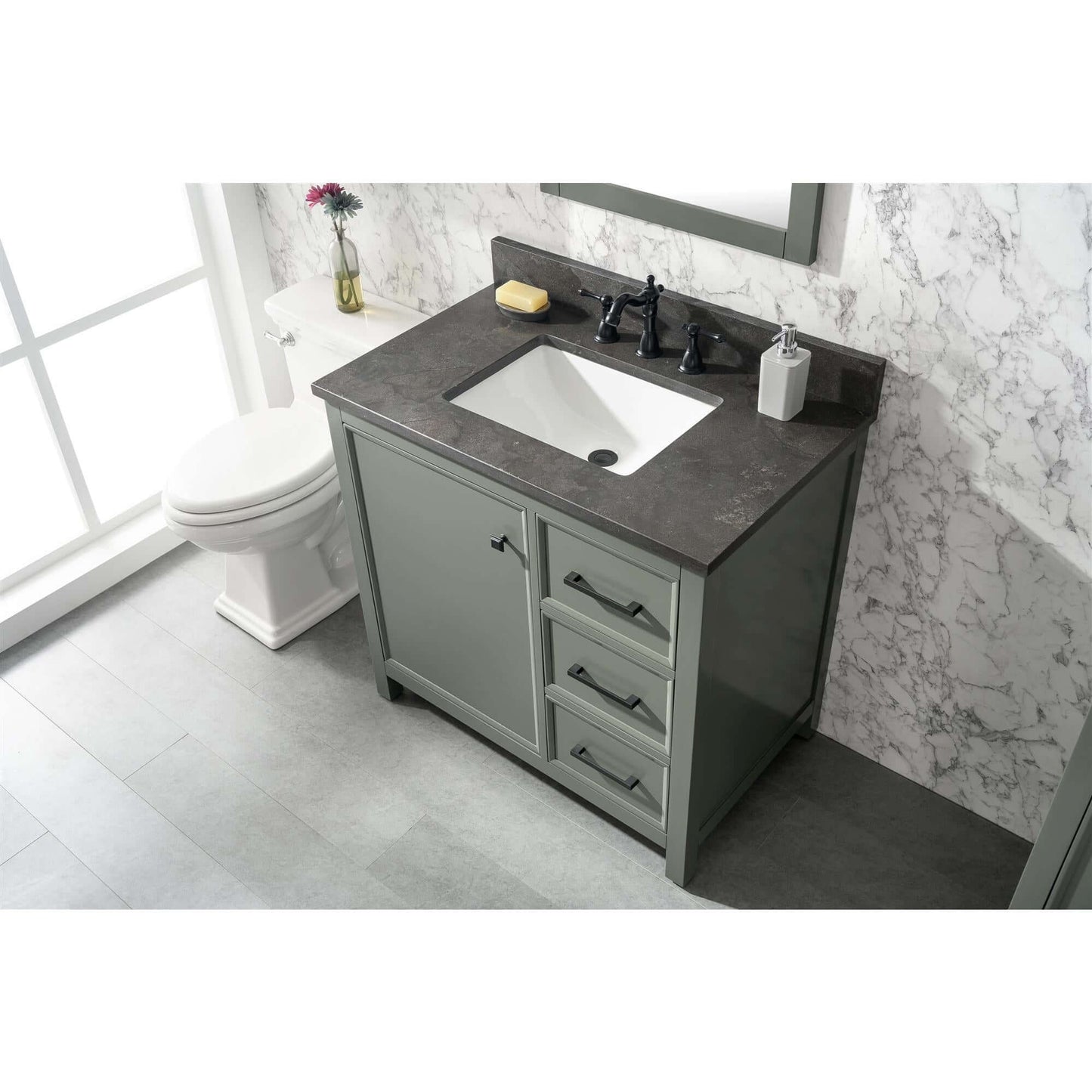 36" Pewter Green Finish Sink Vanity Cabinet With Blue Lime Stone Top - WLF2136-PG