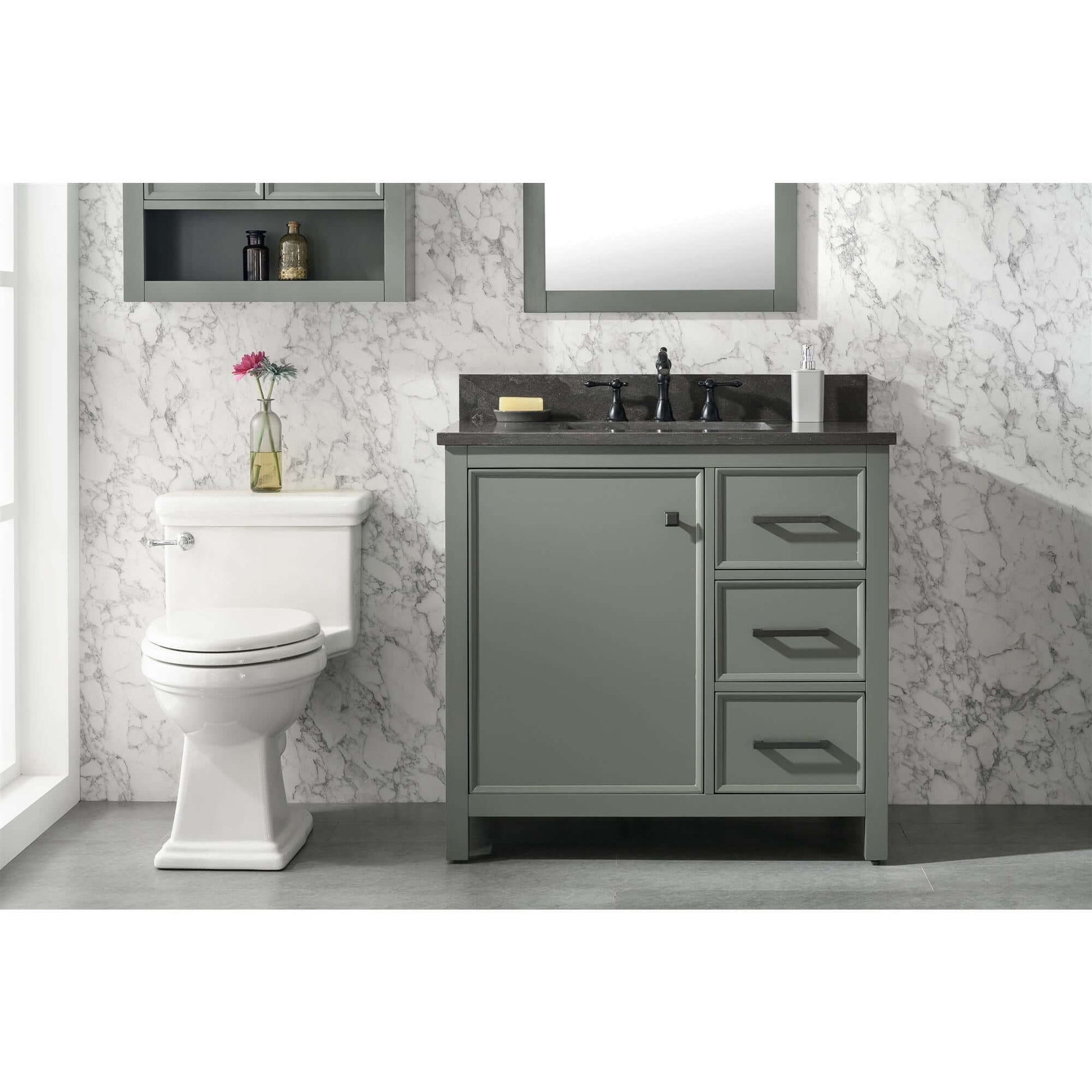 36" Pewter Green Finish Sink Vanity Cabinet With Blue Lime Stone Top - WLF2136-PG