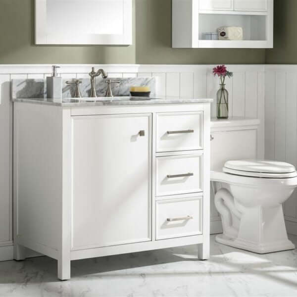 36" White Finish Sink Vanity Cabinet With Carrara White Top - WLF2136-W