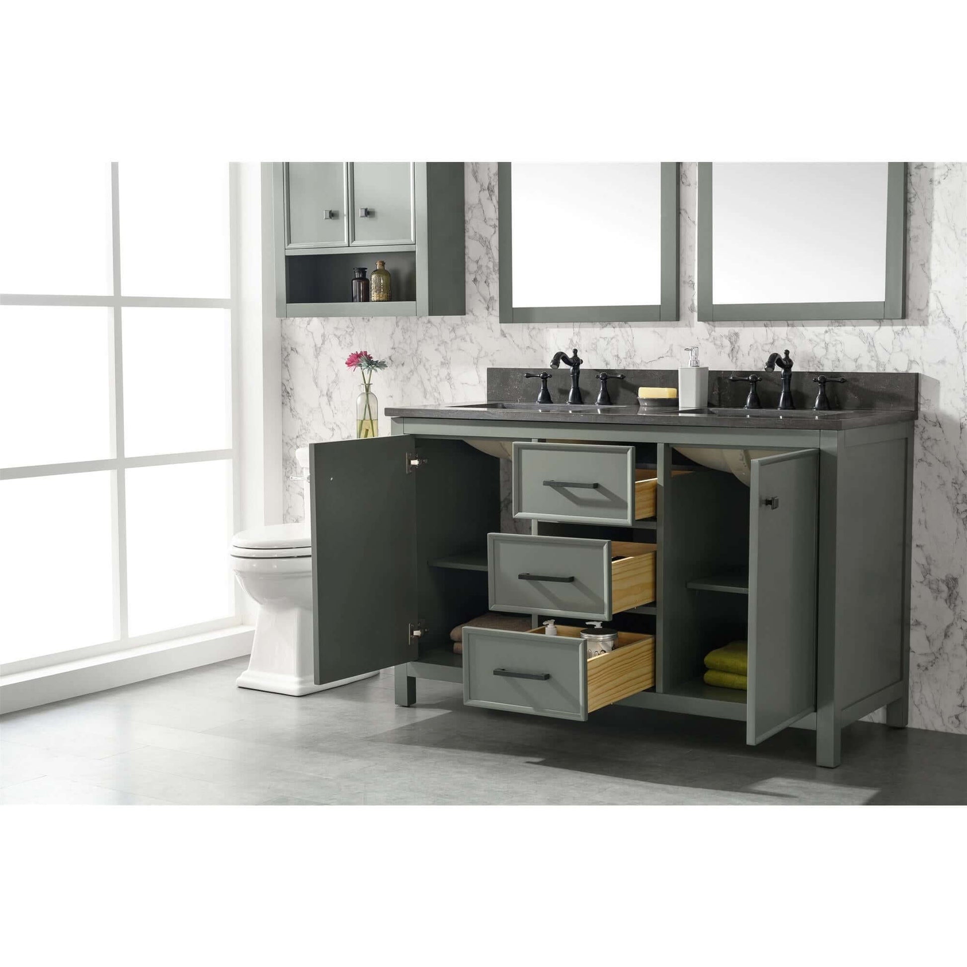 54" Pewter Green Finish Double Sink Vanity Cabinet With Blue Lime Stone Top - WLF2154-PG