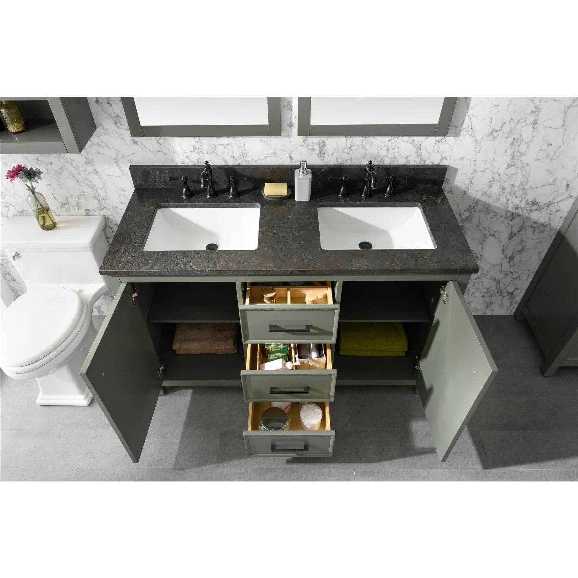 54" Pewter Green Finish Double Sink Vanity Cabinet With Blue Lime Stone Top - WLF2154-PG