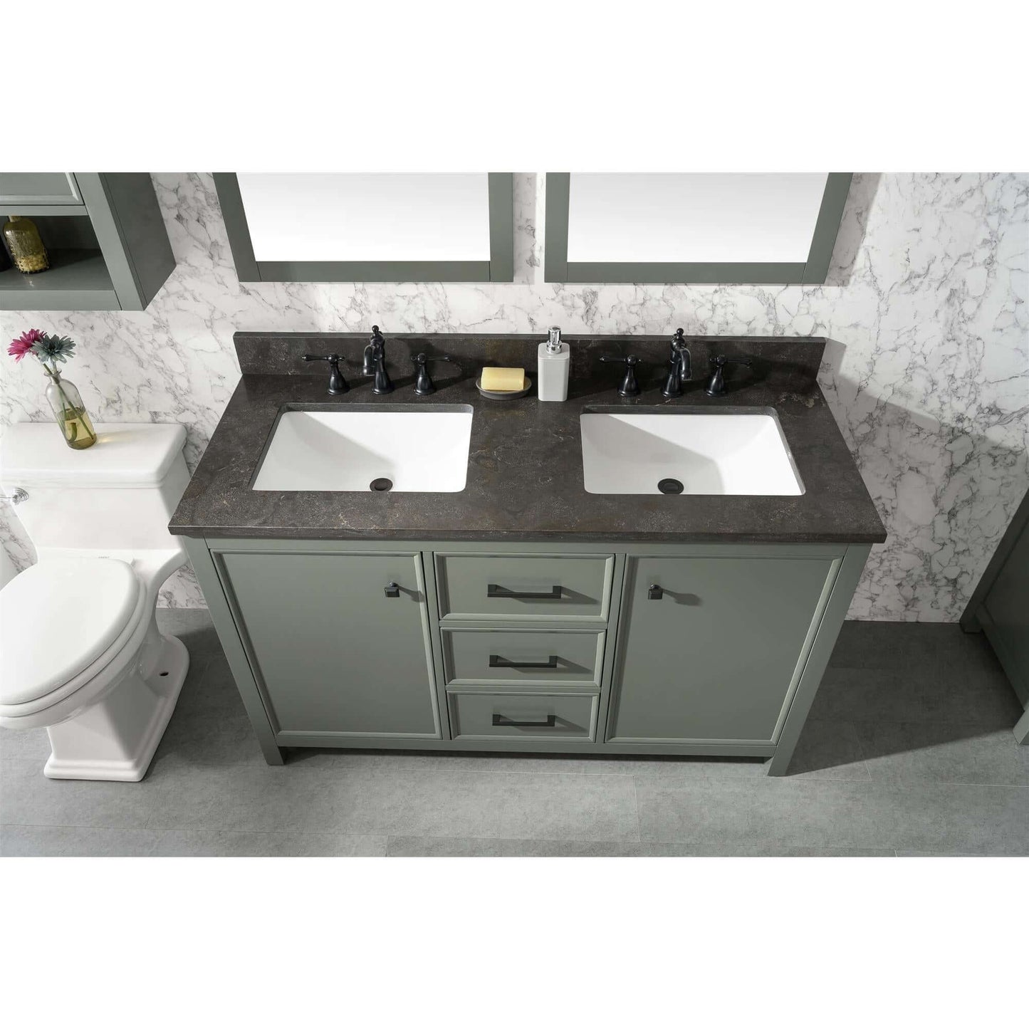 54" Pewter Green Finish Double Sink Vanity Cabinet With Blue Lime Stone Top - WLF2154-PG