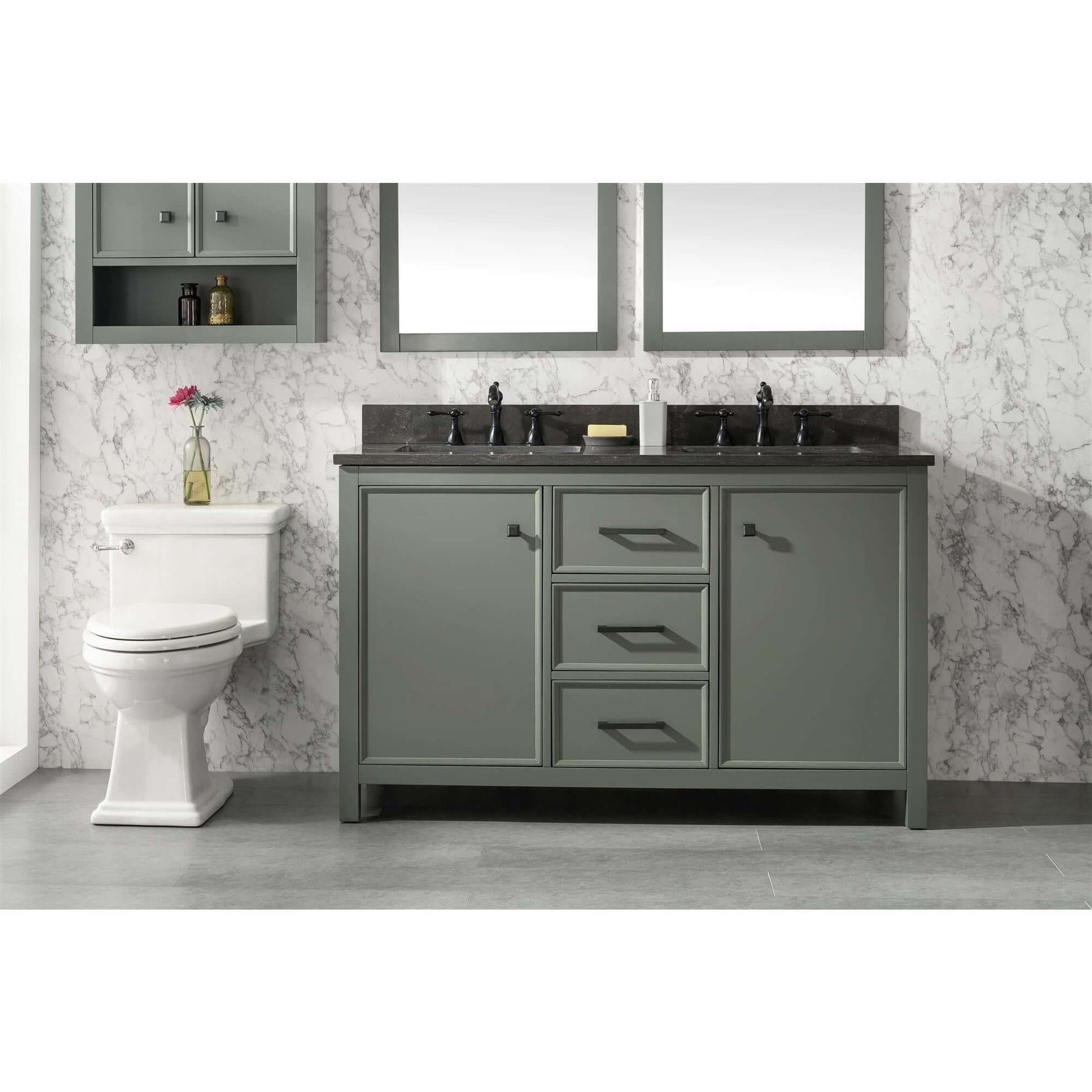 54" Pewter Green Finish Double Sink Vanity Cabinet With Blue Lime Stone Top - WLF2154-PG