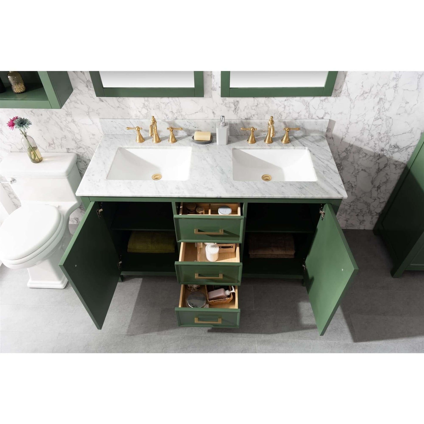 54" Vogue Green Finish Double Sink Vanity Cabinet With Carrara White Top - WLF2154-VG