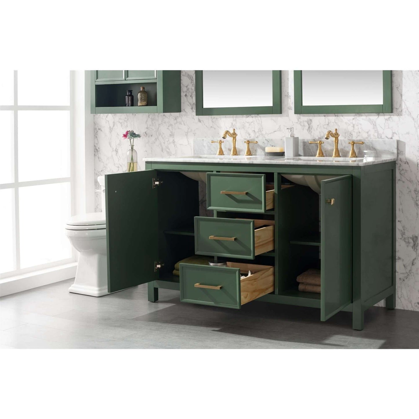 54" Vogue Green Finish Double Sink Vanity Cabinet With Carrara White Top - WLF2154-VG