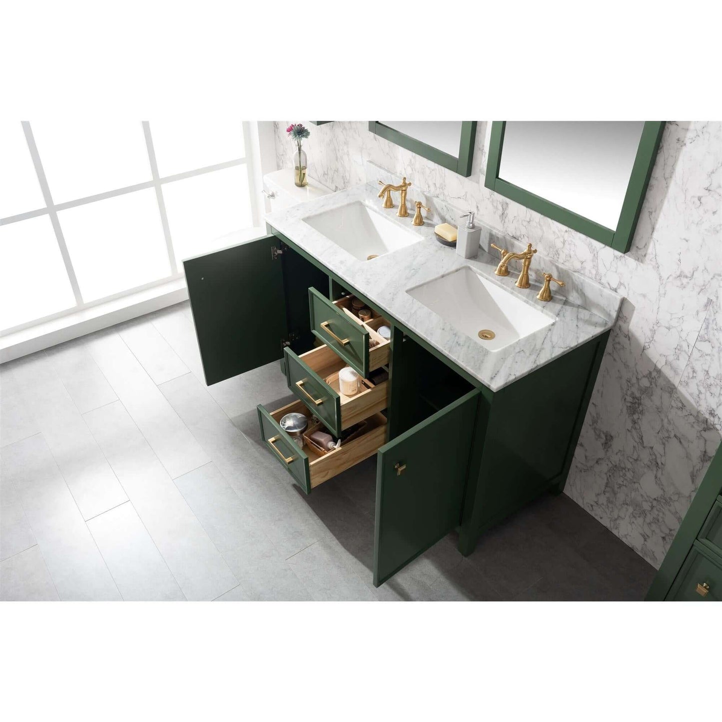 54" Vogue Green Finish Double Sink Vanity Cabinet With Carrara White Top - WLF2154-VG