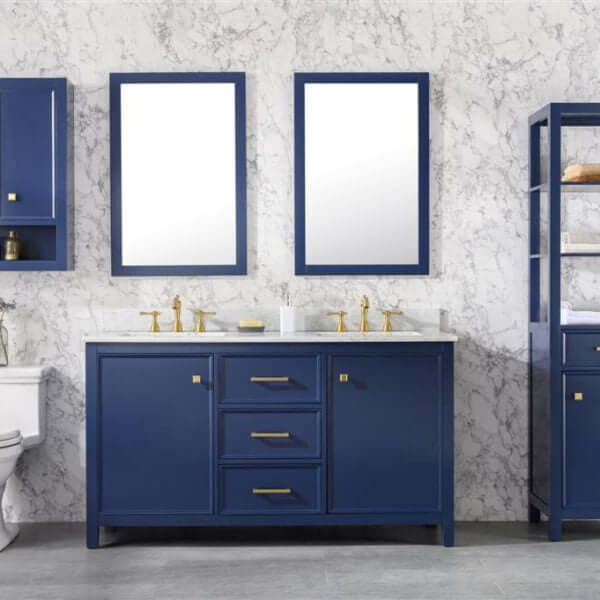 60" Blue Finish Double Sink Vanity Cabinet With Carrara White Top - WLF2160D-B