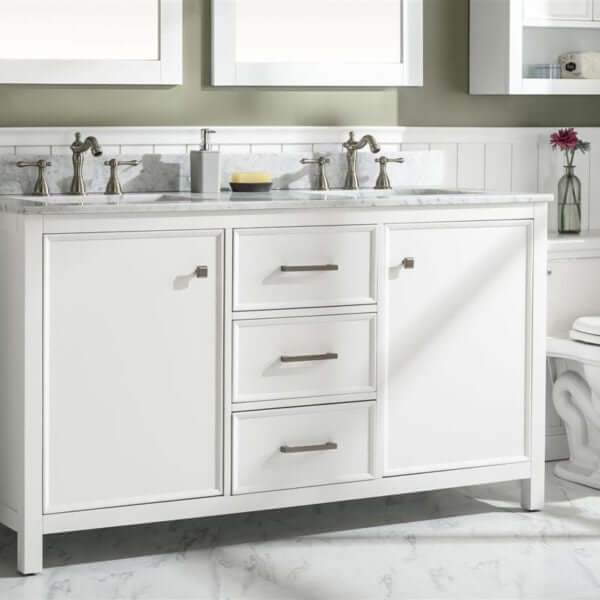 60" White Finish Double Sink Vanity Cabinet With Carrara White Top - WLF2160D-W