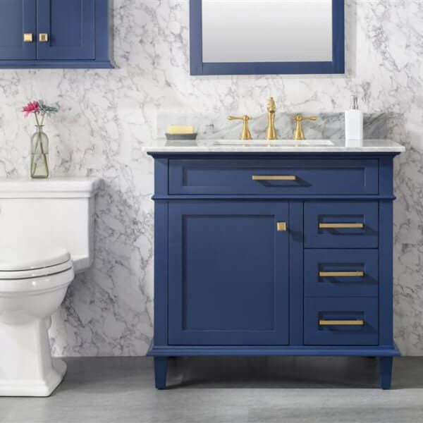 36" Blue Finish Sink Vanity Cabinet With Carrara White Top - WLF2236-B