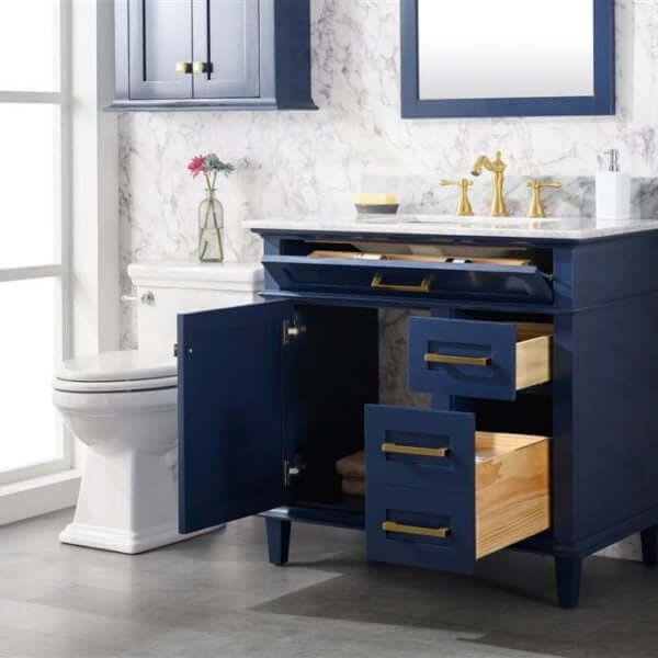 36" Blue Finish Sink Vanity Cabinet With Carrara White Top - WLF2236-B