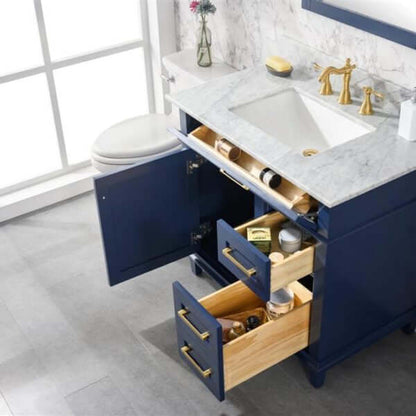 36" Blue Finish Sink Vanity Cabinet With Carrara White Top - WLF2236-B