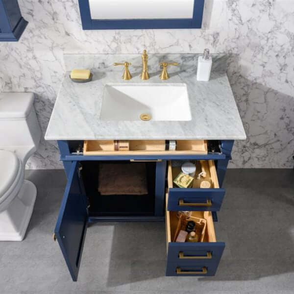 36" Blue Finish Sink Vanity Cabinet With Carrara White Top - WLF2236-B