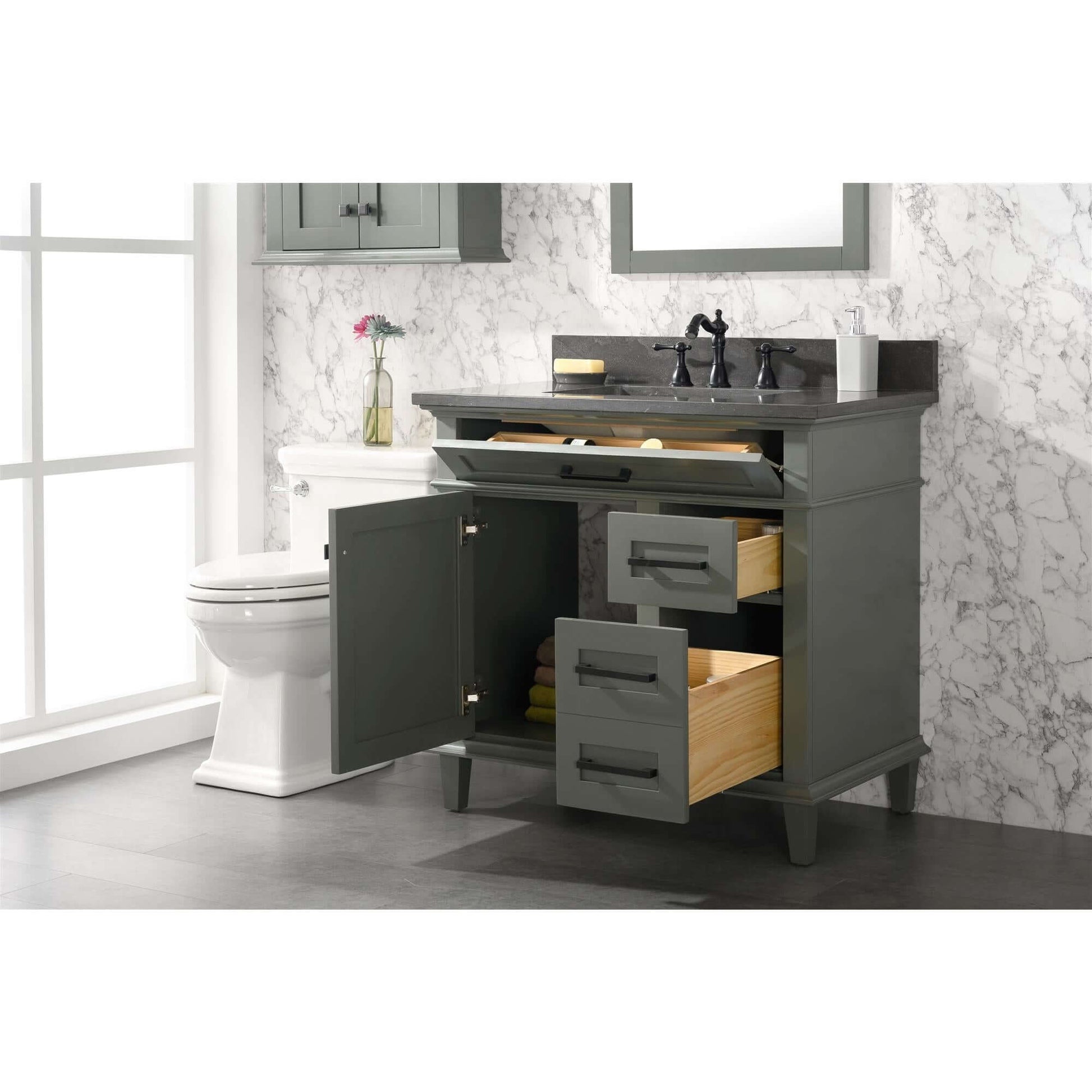 36" Pewter Green Finish Sink Vanity Cabinet With Blue Lime Stone Top - WLF2236-PG