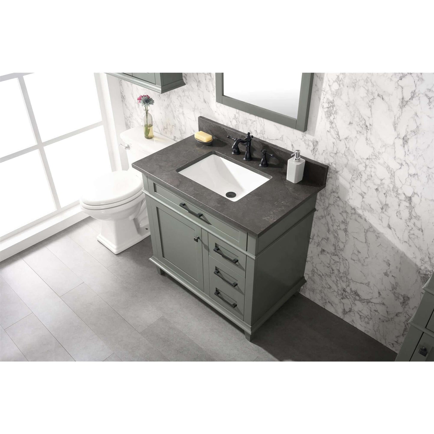 36" Pewter Green Finish Sink Vanity Cabinet With Blue Lime Stone Top - WLF2236-PG