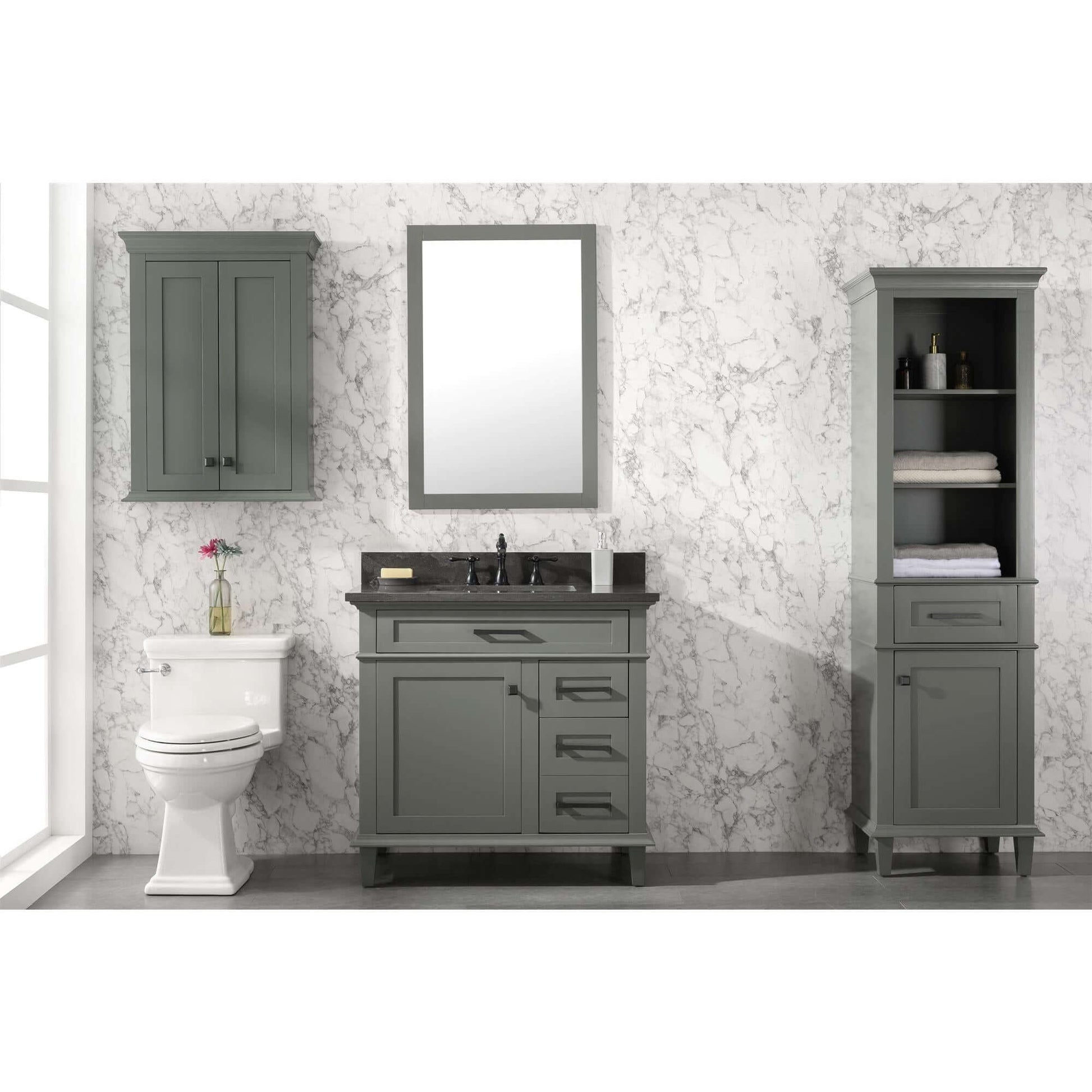 36" Pewter Green Finish Sink Vanity Cabinet With Blue Lime Stone Top - WLF2236-PG