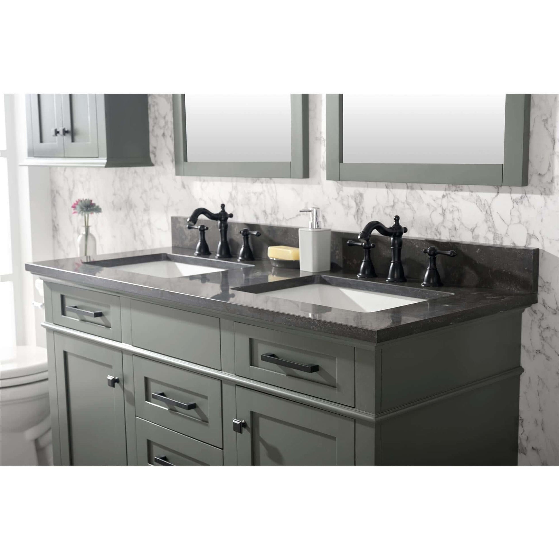 54" Pewter Green Finish Double Sink Vanity Cabinet With Blue Lime Stone Top - WLF2254-PG