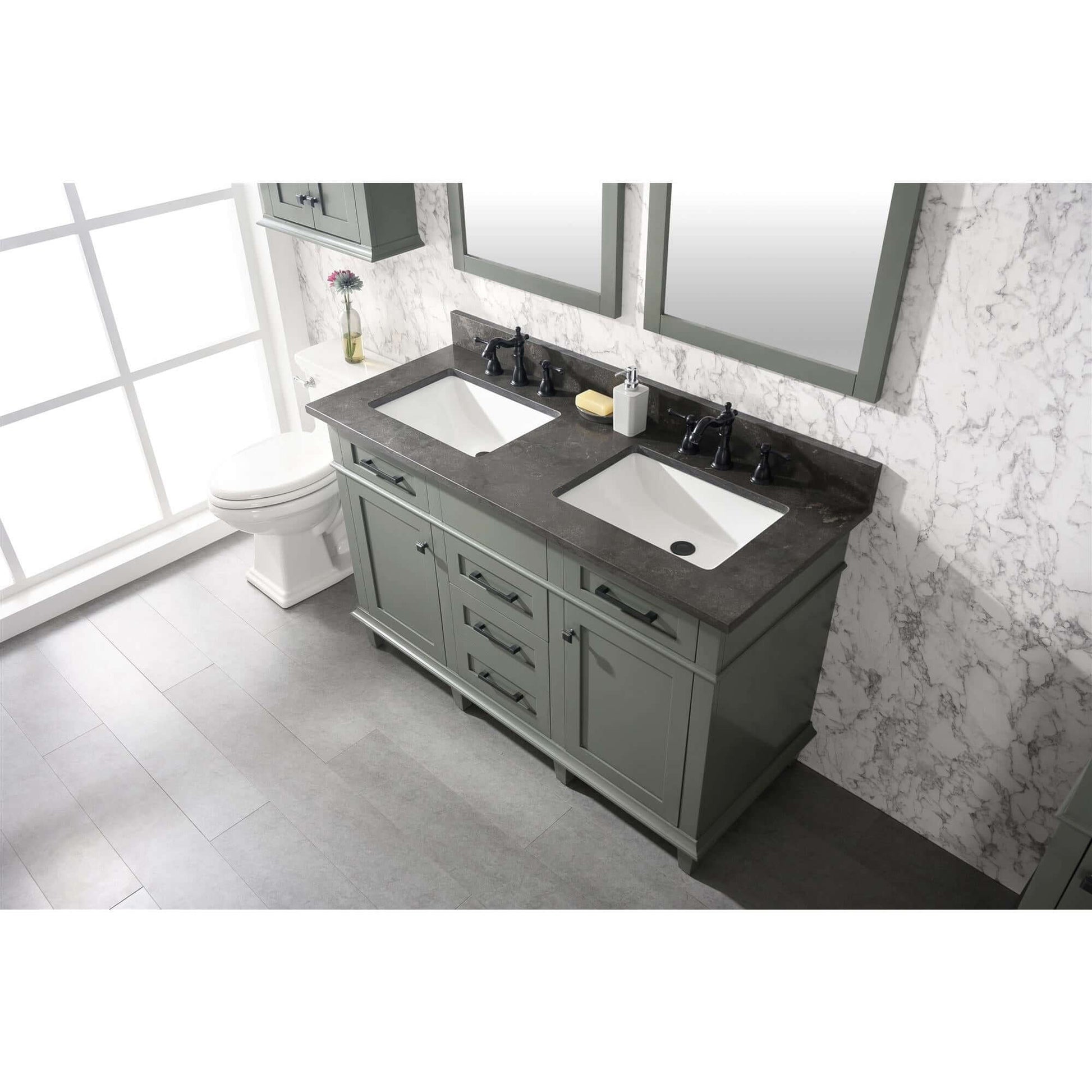 54" Pewter Green Finish Double Sink Vanity Cabinet With Blue Lime Stone Top - WLF2254-PG