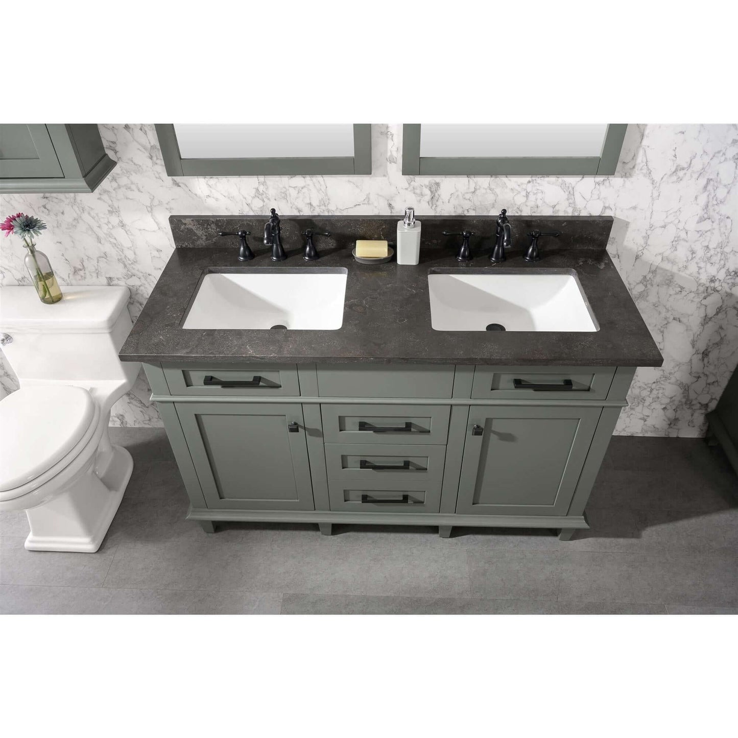 54" Pewter Green Finish Double Sink Vanity Cabinet With Blue Lime Stone Top - WLF2254-PG