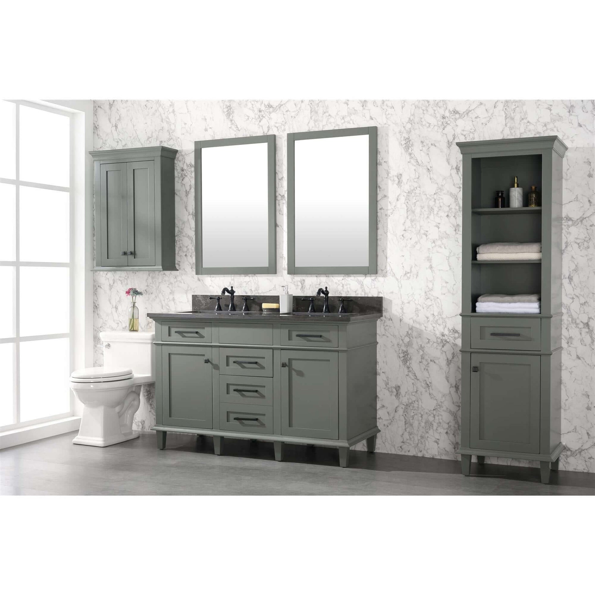 54" Pewter Green Finish Double Sink Vanity Cabinet With Blue Lime Stone Top - WLF2254-PG